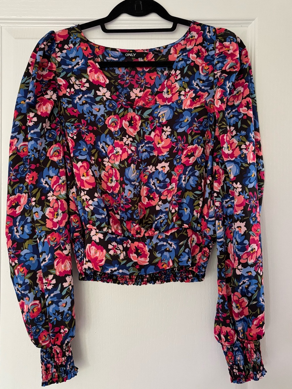 ONLY Black Floral Long Sleeve V-Neck Blouse with Pink & Blue Flowers
